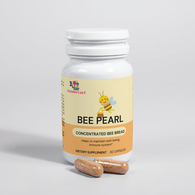 Bee Pearl Immune Boost Energy supplement bottle with capsules; supports immune system and overall well-being.